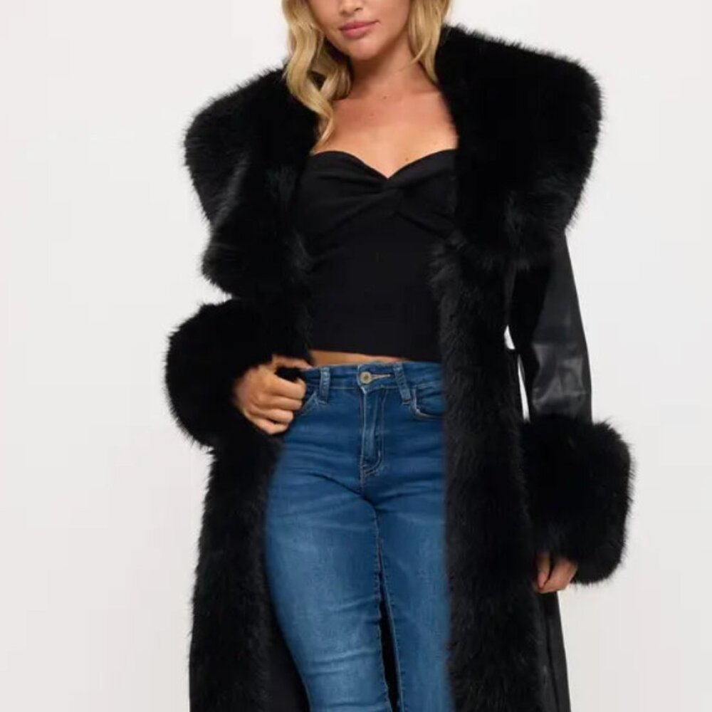 Faux Leather Fur Trim Coat